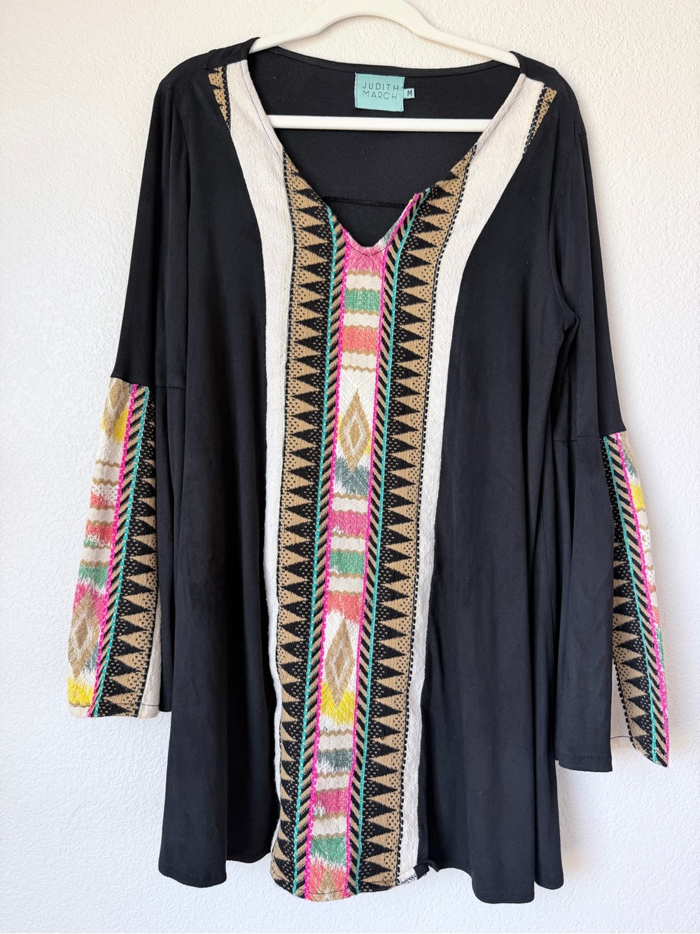 Judith March Black Embroidered Boho Tunic Dress Bell Sleeve Aztec Medium